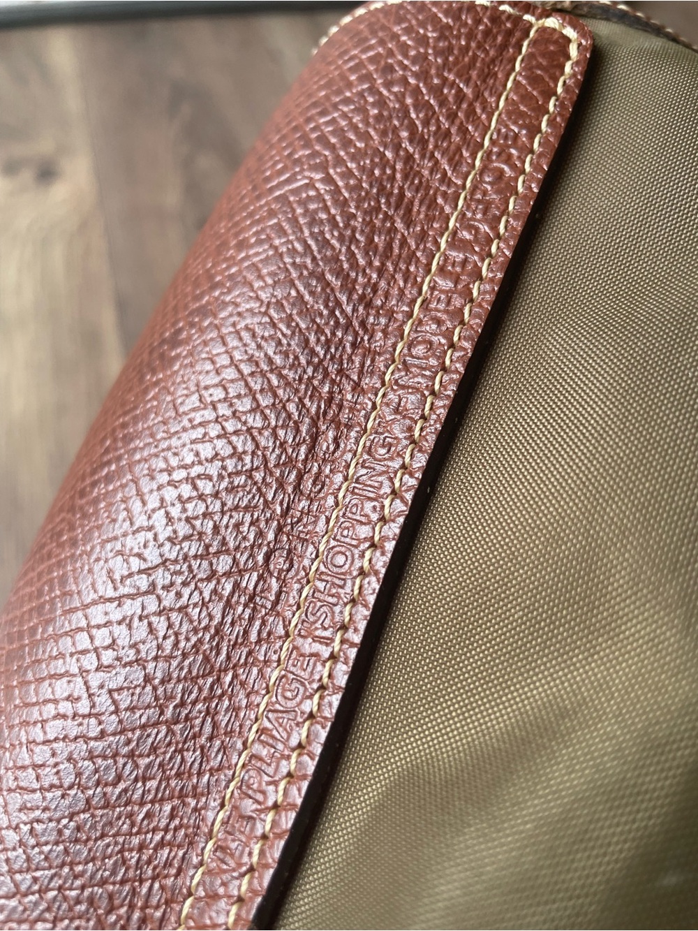 Vintage Longchamp Le Pliage Large Tote Bag Olive Green Leather Trim Gold Snap - Picture 11 of 16